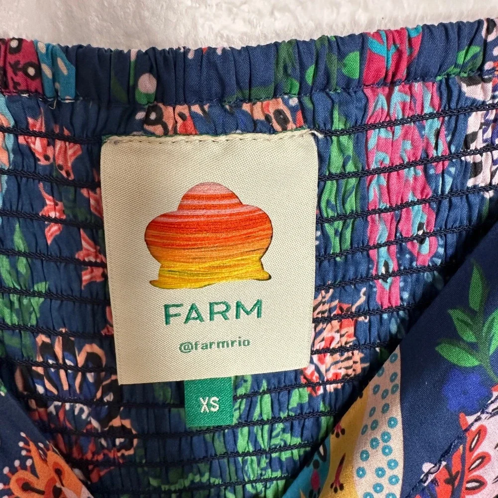 FARM Rio Tropical Birds Blouse NWOT Size XS Navy Blue Puff Sleeve Cotton Top